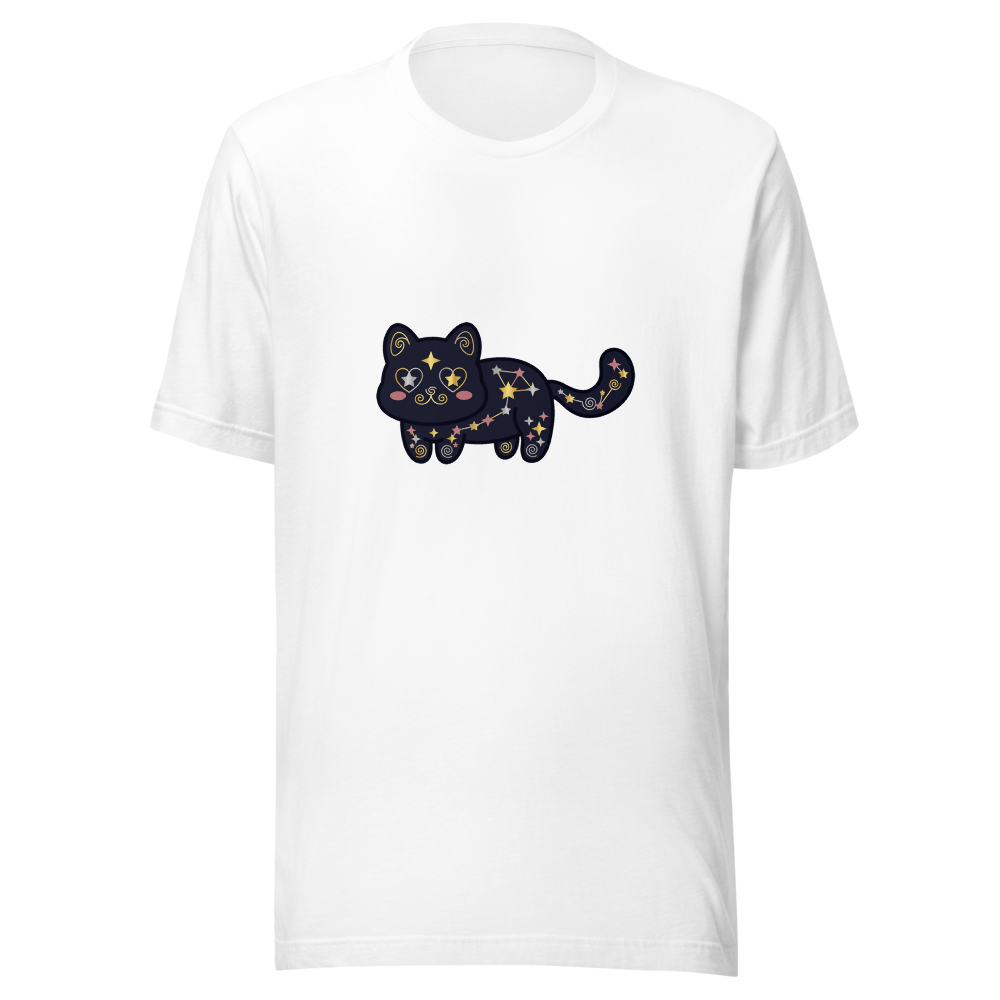T-Shirt Unisexe Chat Noir Constellation Kawaii Étoiles Dorées - Blanc