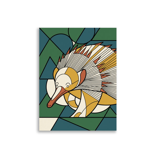 Poster échidné illustration géométrique en line-art, palette terracotta moutarde et vert forêt, format 30×40 cm sur fond blanc