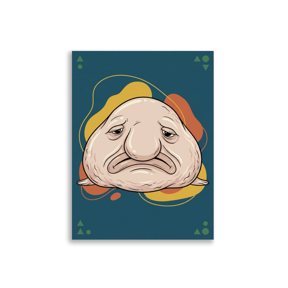 Poster poisson goutte humour en line art sur fond blanc – blobfish mélancolique aux accents moutarde et terracotta, format 30×40 cm papier mat galerie