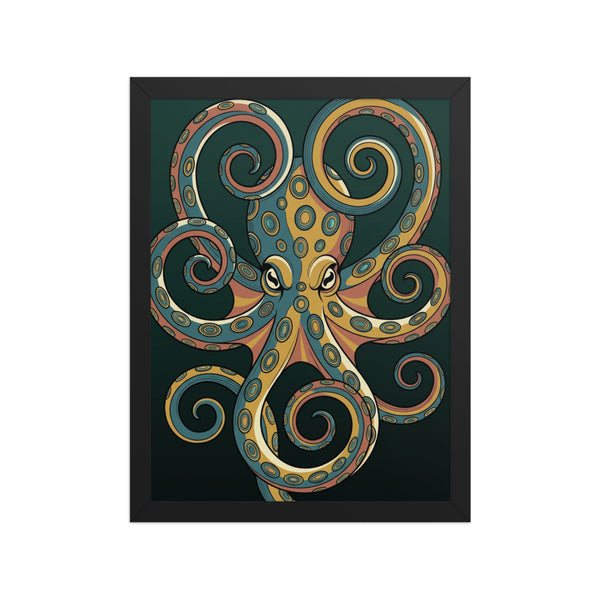 Poster encadré pieuvre décoration murale sur fond blanc – poulpe à anneaux bleus en line art graphique, cadre bois 30×40 cm, palette moutarde et bleu pétrole