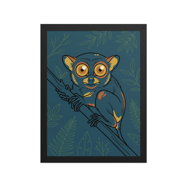 Affiche tarsier encadrée 30×40 cm – line-art sur fond bleu pétrole, yeux dorés géométriques, cadre bois inclus, fond blanc studio