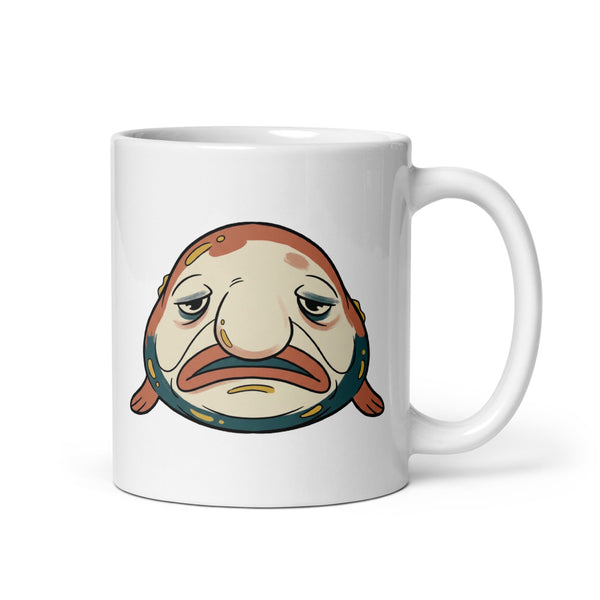 Mug blobfish en céramique blanche 325 ml – illustration line-art ugly-cute du poisson goutte, expression mélancolique, palette terracotta et bleu pétrole