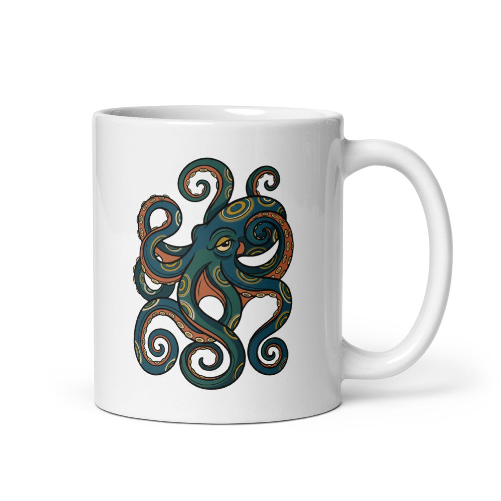 Mug céramique 325 ml avec illustration line-art d'un poulpe à anneaux bleus aux tentacules enroulés, anneaux irisés moutarde et crème sur fond bleu pétrole et terracotta — tasse céphalopode design épuré vue de face