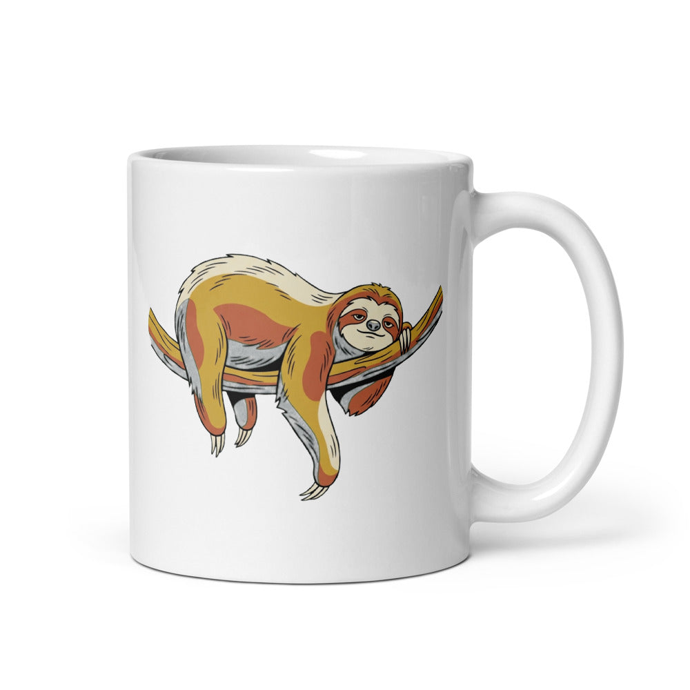 Mug paresseux céramique 325 ml – illustration line-art d'un paresseux accroché à une branche, tons moutarde, terracotta et vert forêt, style éditorial minimaliste