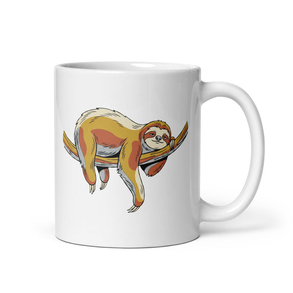 Mug paresseux céramique 325 ml – illustration line-art d'un paresseux accroché à une branche, tons moutarde, terracotta et vert forêt, style éditorial minimaliste