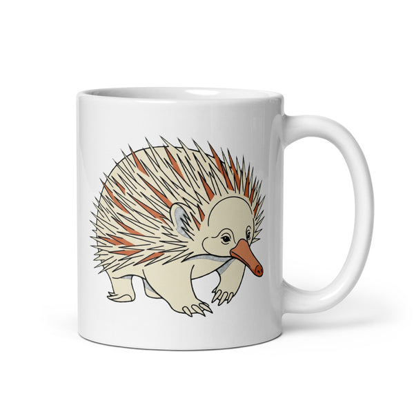 Tasse échidné céramique 325 ml vue de face – illustration line art monochrome avec accent terracotta, museau allongé et piquants géométriques stylisés