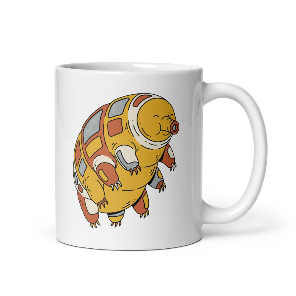 Tasse tardigrade céramique 325 ml – illustration line-art ourson d'eau aux tons mustard, terracotta et vert forêt, vue de face