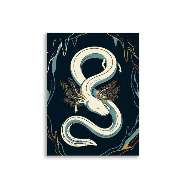 Poster olm salamandre aquatique en line art, corps sinueux en courbe S et branchies en éventail sur fond bleu nuit, format 30×40 cm, papier mat galerie