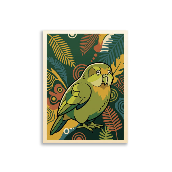 Poster perroquet kakapo moderne en line-art géométrique sur fond blanc, format 30×40 cm, papier mat galerie