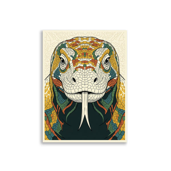 Affiche animal prédateur stylisé – dragon de Komodo de face en line art géométrique, aplats moutarde terracotta et bleu pétrole, sur fond blanc, format 30×40 cm papier mat
