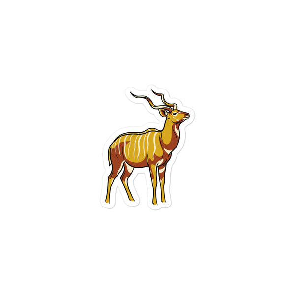 Sticker autocollant antilope cornes torsadées – illustration line-art nyala en pose 3/4, palette moutarde terracotta crème, vinyle mat kiss-cut 7,5 cm fond transparent