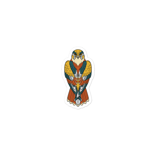 Sticker faucon pèlerin découpé de face, illustration line-art palette moutarde terracotta bleu pétrole, vinyle mat kiss-cut 7,5 cm