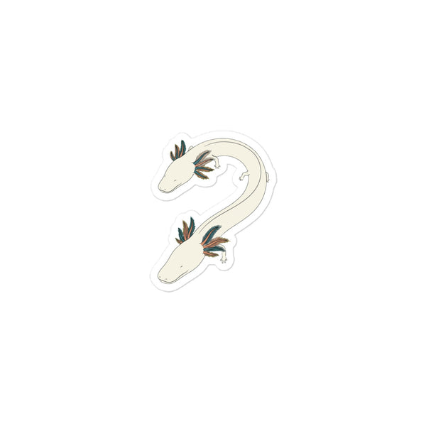 Sticker olm salamandre aquatique découpé à la forme, illustration line art en S sur vinyle mat 7,5×7,5 cm, branchies en éventail détaillées et corps bleu pétrole sur fond détouré