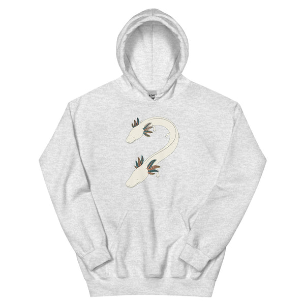 Sweat shirt animal cavernicole avec illustration line art d'un olm en courbe S, branchies en éventail, tons crème et bleu pétrole sur fond détouré