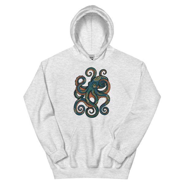 Sweat shirt hapalochlaena – illustration line-art poulpe à anneaux bleus, anneaux irisés moutarde et crème, palette bleu pétrole et terracotta, impression DTG haute définition sur molleton coton