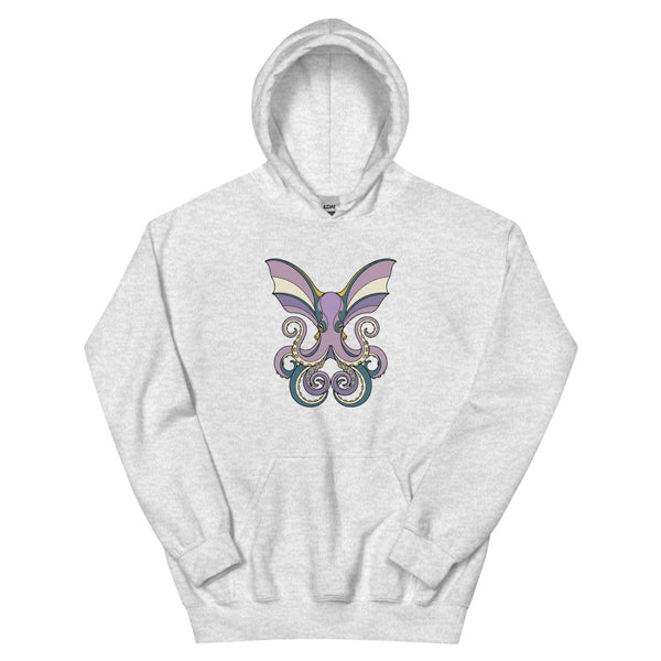 Sweat-shirt poulpe dumbo – illustration line-art de face, grandes nageoires déployées, palette violet doux et bleu pétrole sur molleton coton