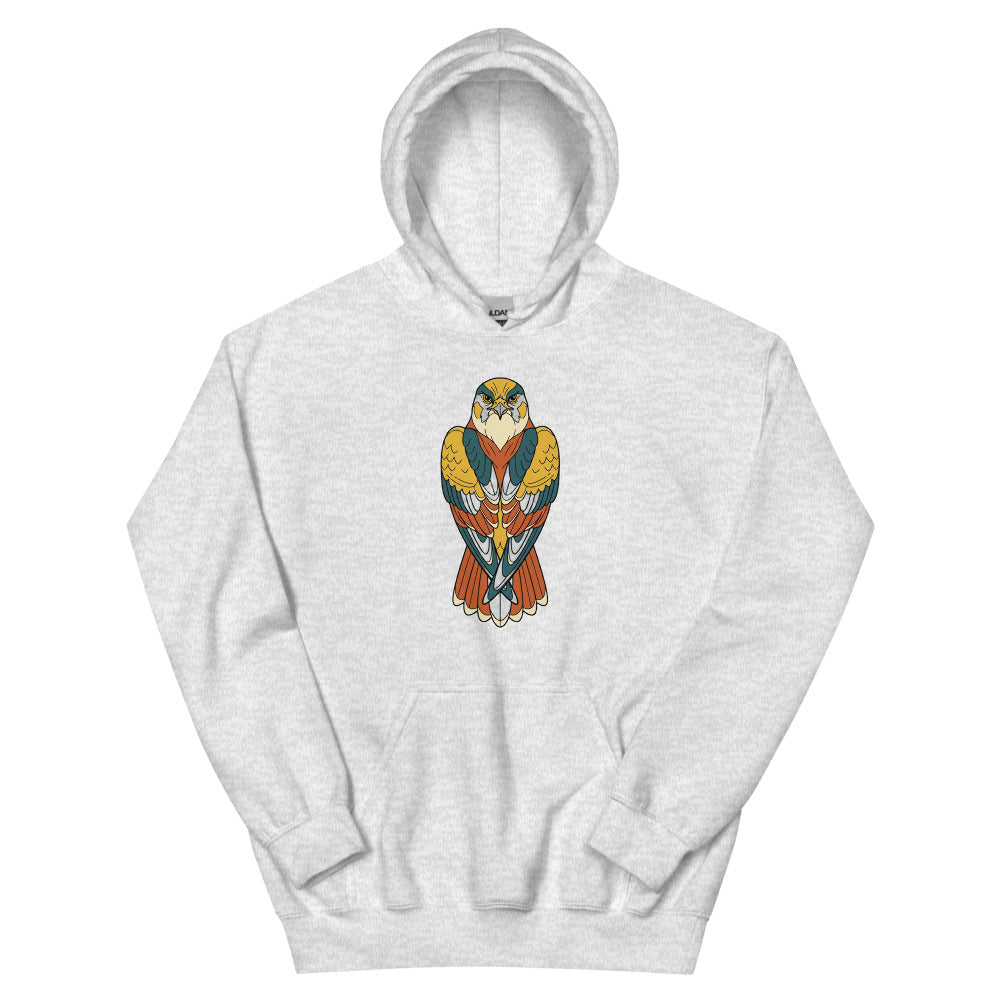 Sweat-shirt faucon pèlerin porté de face — illustration line-art géométrique en palette moutarde, terracotta et bleu pétrole, impression DTG haute définition sur molleton coton