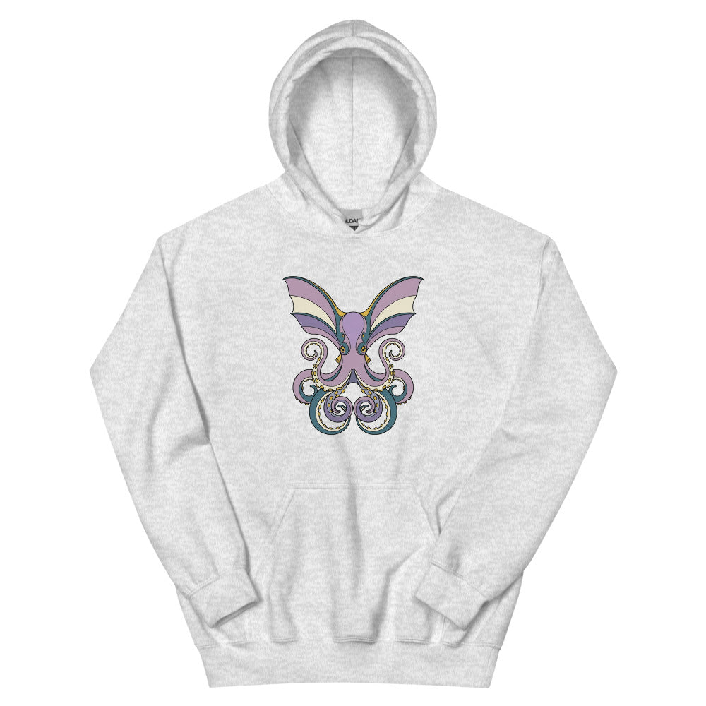 Sweat-shirt poulpe dumbo – illustration line-art de face, grandes nageoires déployées, palette violet doux et bleu pétrole sur molleton coton