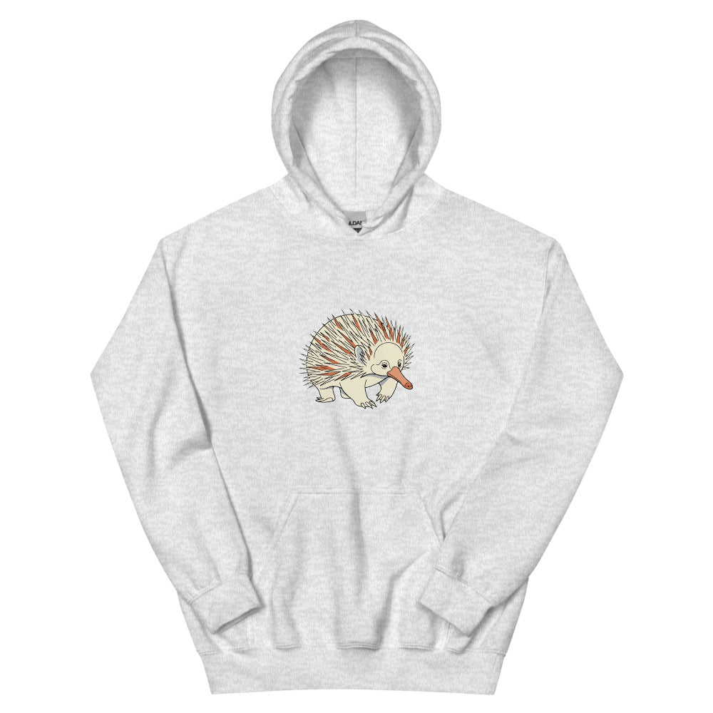 Sweat-shirt échidné australien face, illustration line art piquants géométriques museau allongé, palette monochrome crème et terracotta, impression DTG haute définition sur molleton coton