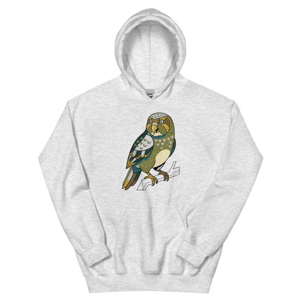 Sweat-shirt kakapo porté de face, illustration line-art contemporaine aux aplats vert forêt et accents moutarde sur fond blanc