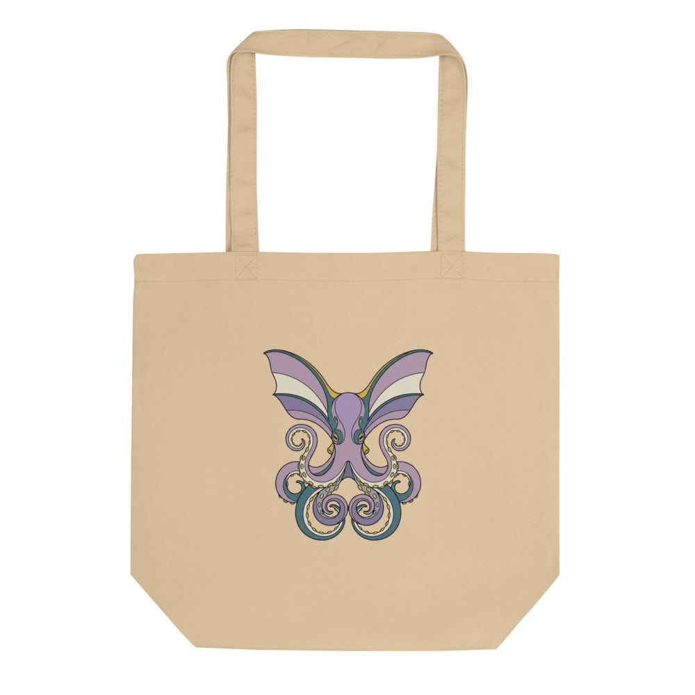 Tote bag poulpe dumbo en coton – illustration line-art face, palette violet doux et bleu pétrole sur fond crème, contours encre noire
