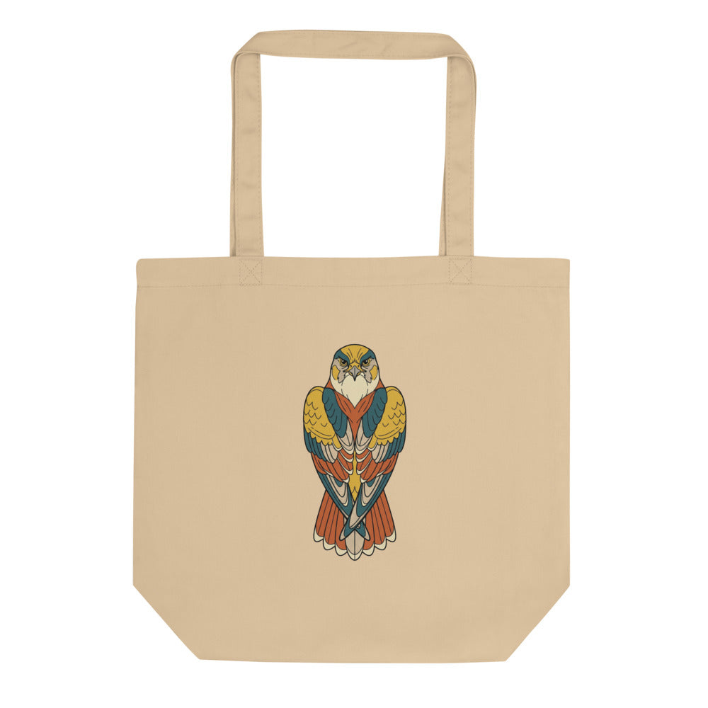Tote bag faucon pèlerin face, illustration line-art géométrique tons moutarde terracotta et bleu pétrole sur toile de coton