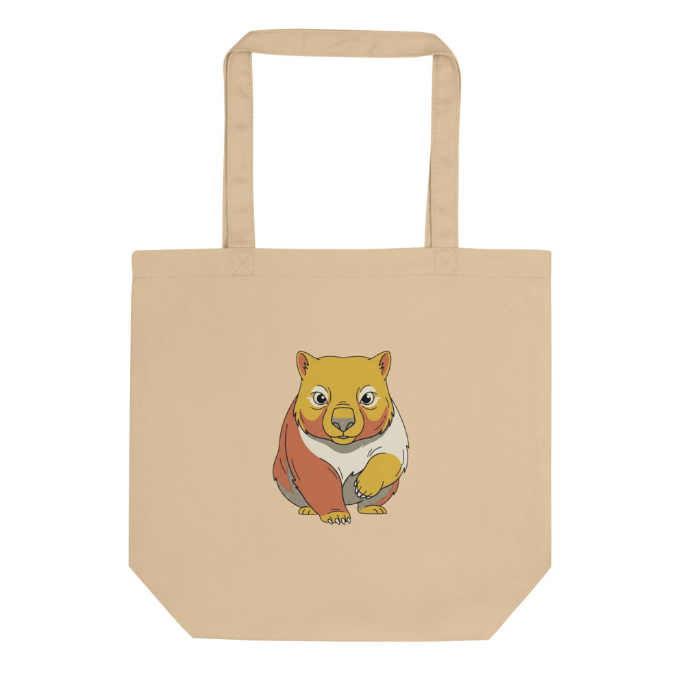 Tote bag wombat en coton, illustration line-art face, aplats moutarde et terre cuite sur fond blanc