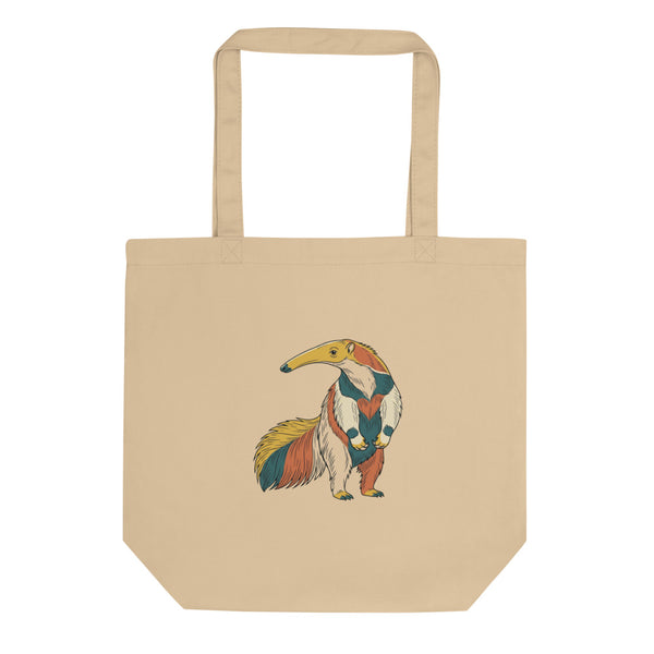 Tote bag fourmilier en toile de coton, illustration line-art graphique avec aplats moutarde, terracotta et vert forêt sur fond blanc
