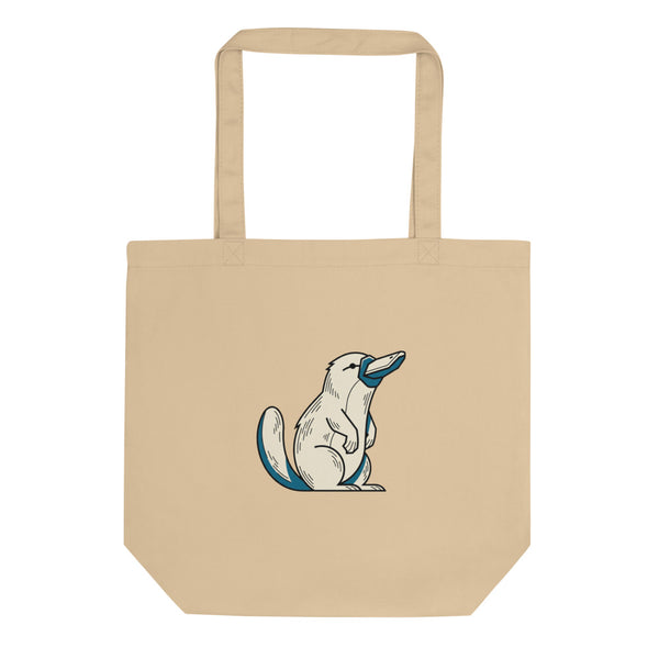 Tote bag ornithorynque de face, illustration line-art géométrique encre noire et bleu pétrole sur toile de coton 38×42 cm