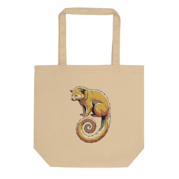 Tote bag binturong de face, illustration line-art queue spirale en palette moutarde terracotta et vert forêt, toile de coton 38x42 cm