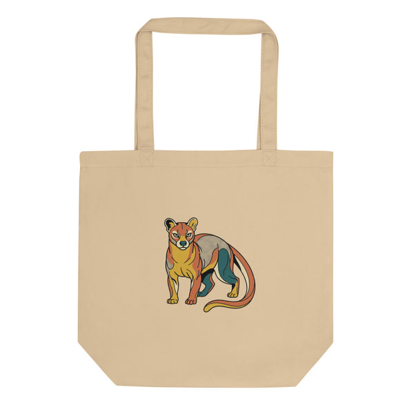 Tote bag fossa Madagascar – illustration line art mustard et terracotta sur toile de coton, vue de face