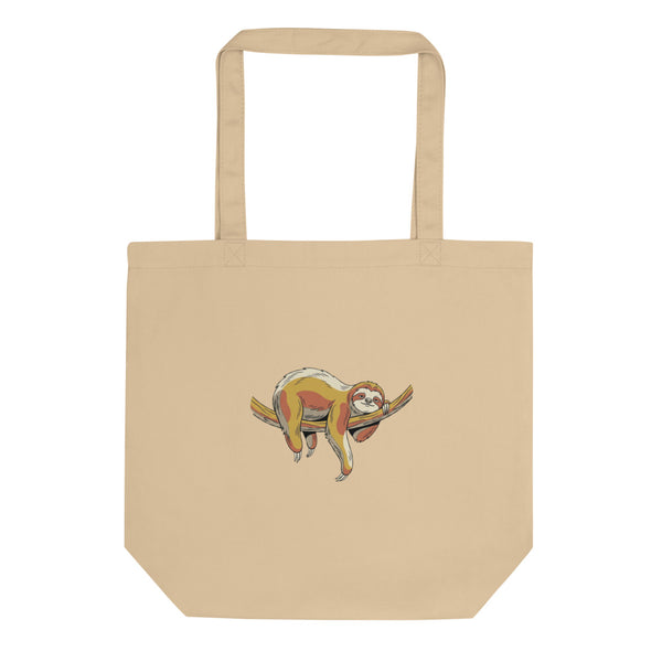 Tote bag paresseux en toile de coton, illustration line-art aux tons moutarde, terracotta et vert forêt sur fond blanc — vue de face