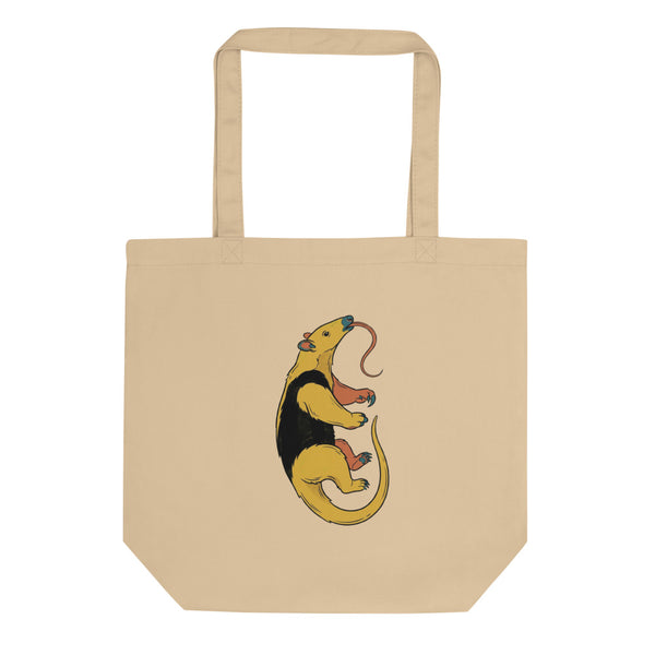 Tote bag tamandua animal en toile de coton blanc, illustration DTG haute définition avec aplats mustard, terracotta et bleu pétrole sur fond blanc