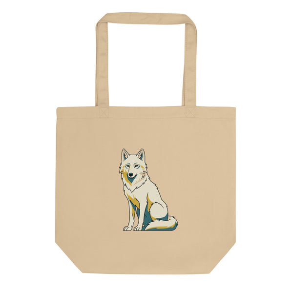 Tote bag loup arctique – illustration line-art, fourrure crème avec ombres moutarde et bleu pétrole, contours encre noire, fond blanc