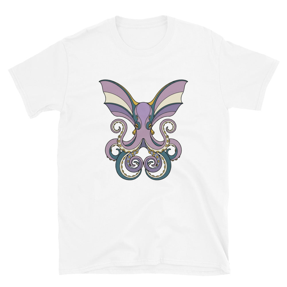 T-shirt poulpe dumbo blanc, illustration line-art en violet doux et bleu pétrole, vue de face à plat