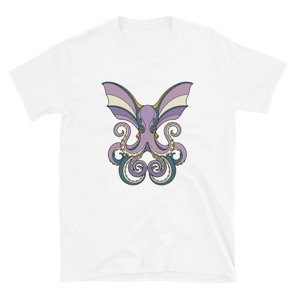 T-shirt poulpe dumbo blanc, illustration line-art en violet doux et bleu pétrole, vue de face à plat