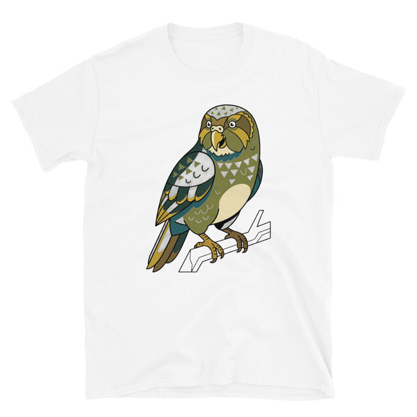 T-shirt kakapo homme femme – vue face, illustration line-art géométrique vert forêt et moutarde sur jersey blanc