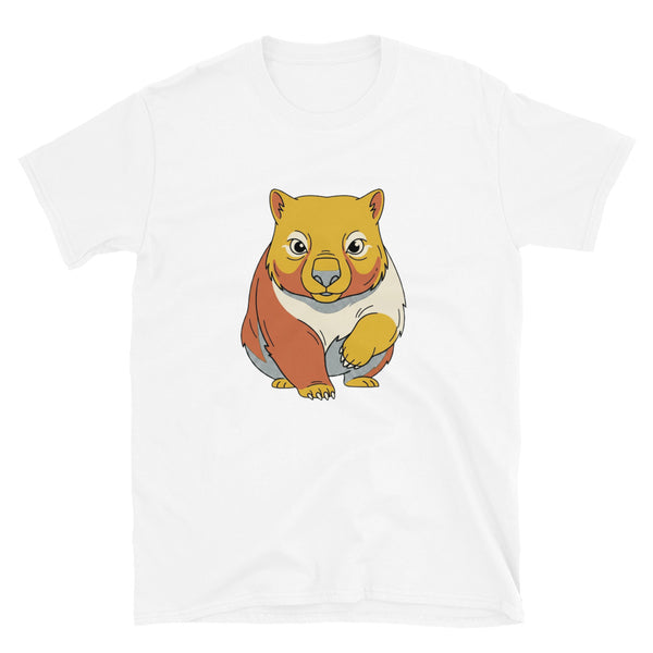 Packshot face du t-shirt wombat homme femme, motif line art moutarde et terre cuite centré 30×40 cm, fond blanc