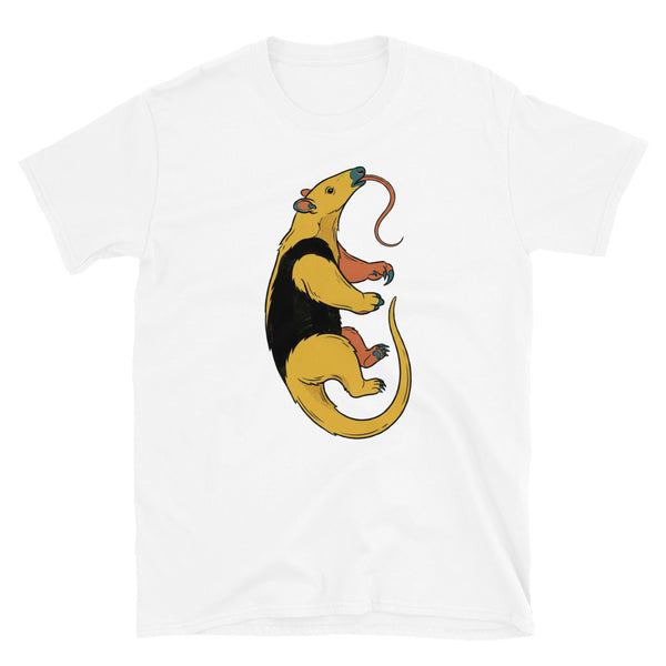 Packshot face du t-shirt tamanoir unisexe avec illustration tamandua tête levée, aplats mustard et terracotta sur fond blanc