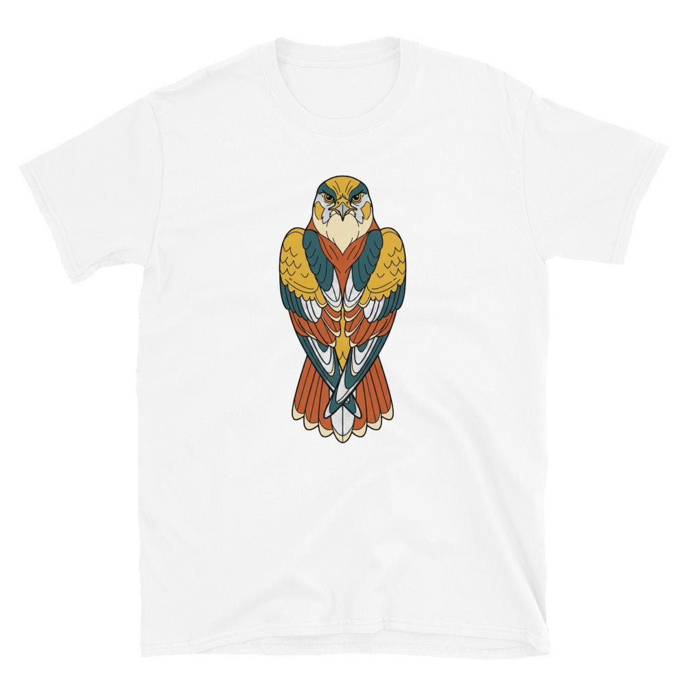 T-shirt faucon pèlerin unisexe, illustration line-art géométrique moutarde et terracotta, vue de face à plat