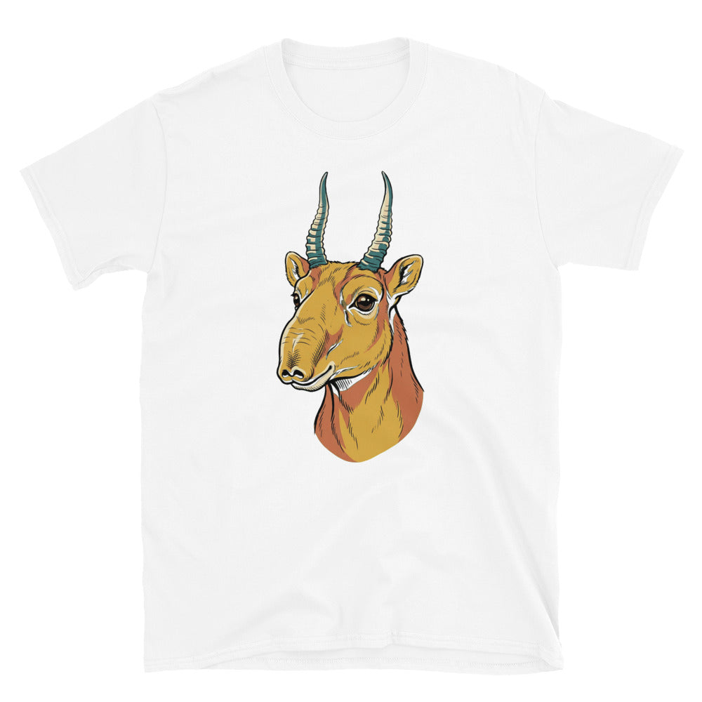 T-shirt saïga unisexe – portrait line-art de face, tons moutarde, terracotta et bleu pétrole sur fond blanc