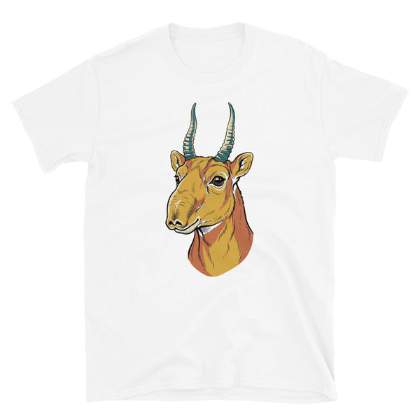 T-shirt saïga unisexe – portrait line-art de face, tons moutarde, terracotta et bleu pétrole sur fond blanc