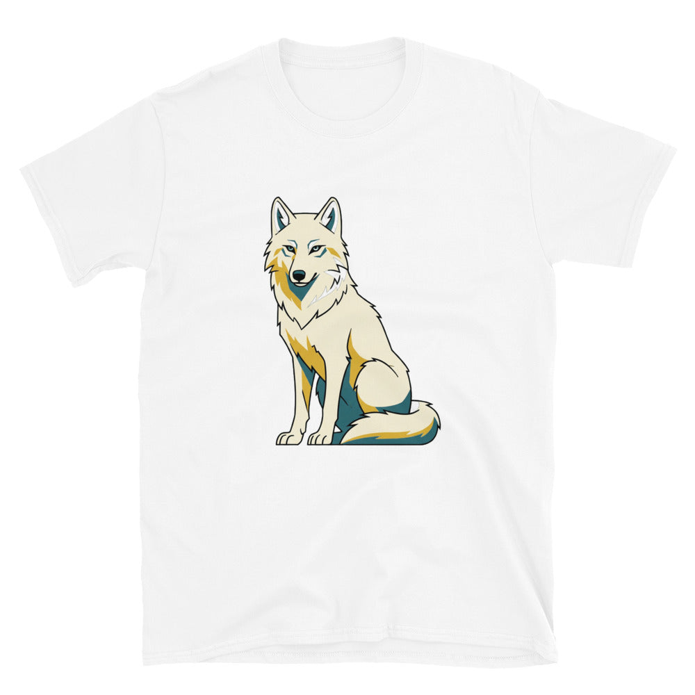 T-shirt loup arctique homme à plat, illustration line-art loup blanc regard perçant, encres moutarde et bleu pétrole sur fond blanc