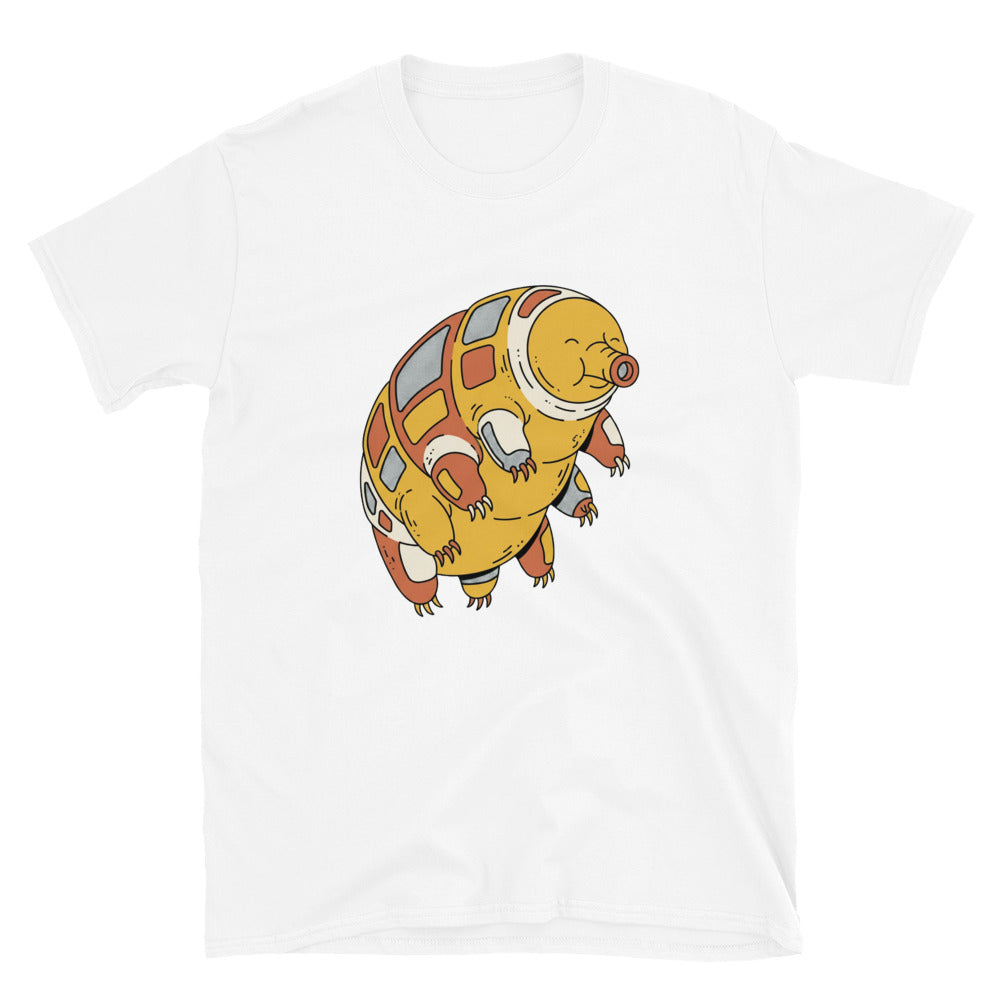 T-shirt tardigrade blanc, vue de face, illustration line-art ourson d'eau en teintes mustard et terracotta, placement poitrine 30x40 cm