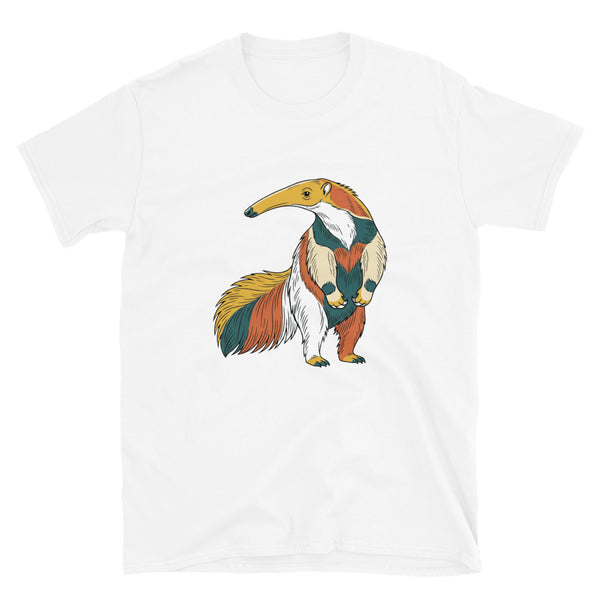 T-shirt fourmilier géant – vue de face, illustration line art moutarde et terracotta sur coton blanc