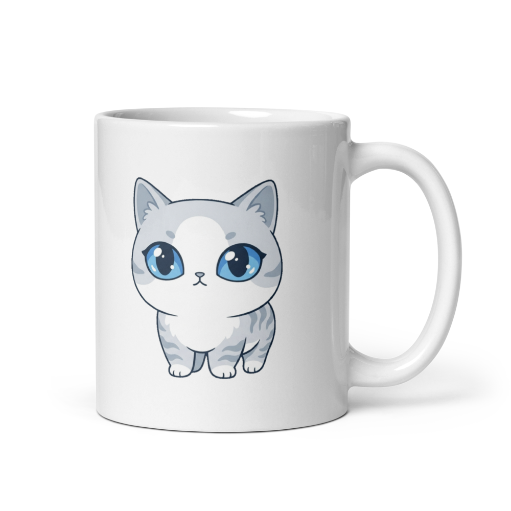 Mug Kawaii Chat Européen Blanc et Gris - Luna Bleu Étoilé