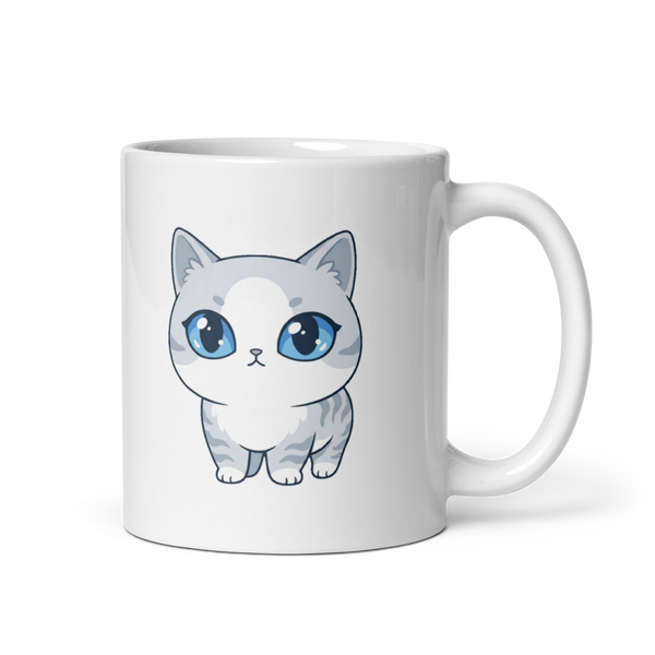 Mug Kawaii Chat Européen Blanc et Gris - Luna Bleu Étoilé