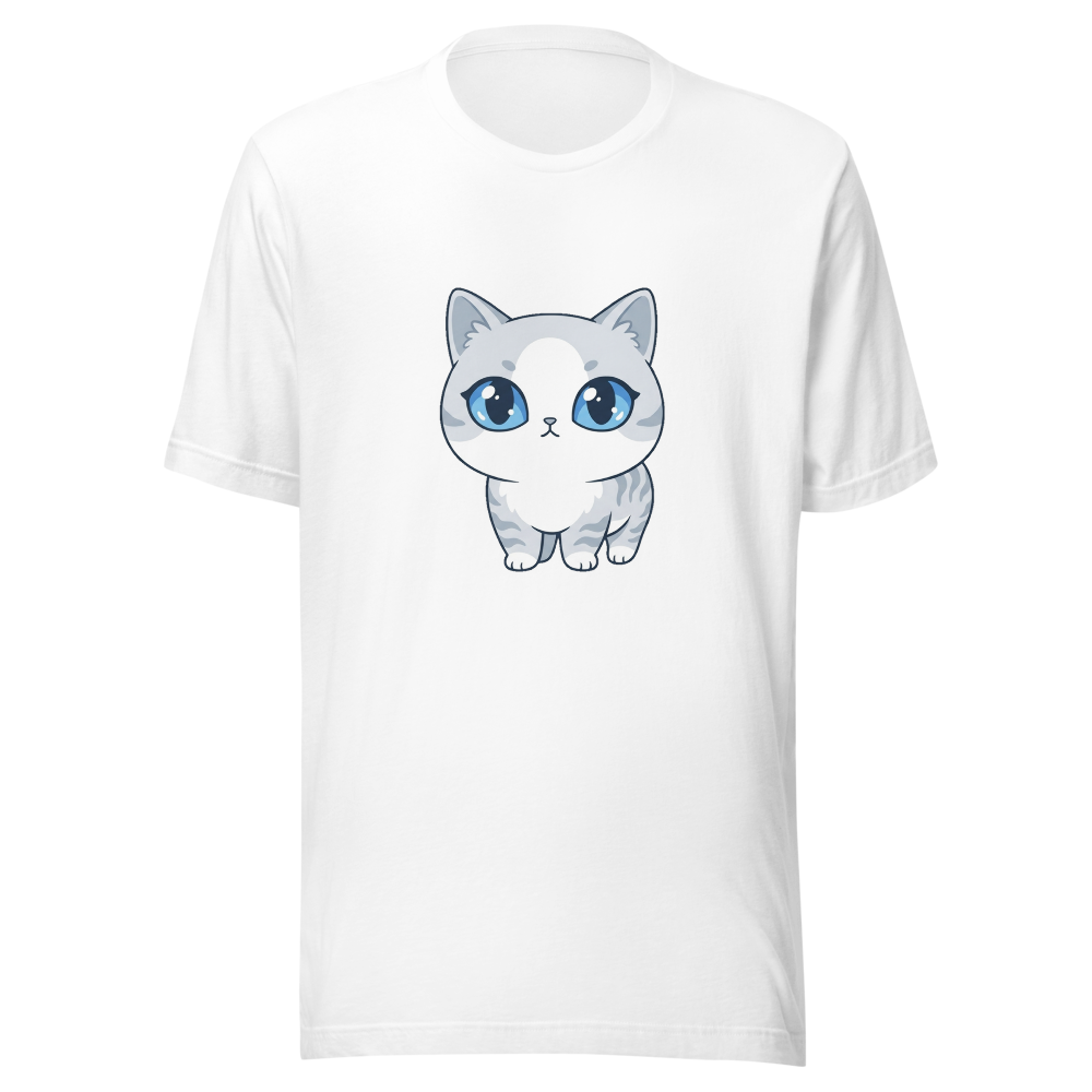 T-Shirt Unisexe Kawaii Chat Européen Blanc et Gris Luna Bleu Étoilé - Blanc