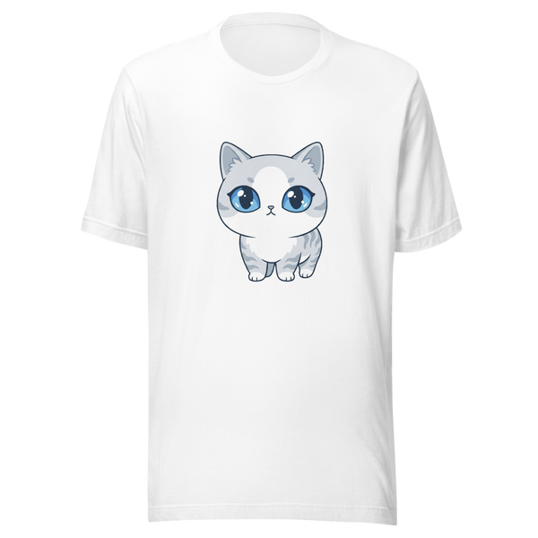 T-Shirt Unisexe Kawaii Chat Européen Blanc et Gris Luna Bleu Étoilé - Blanc