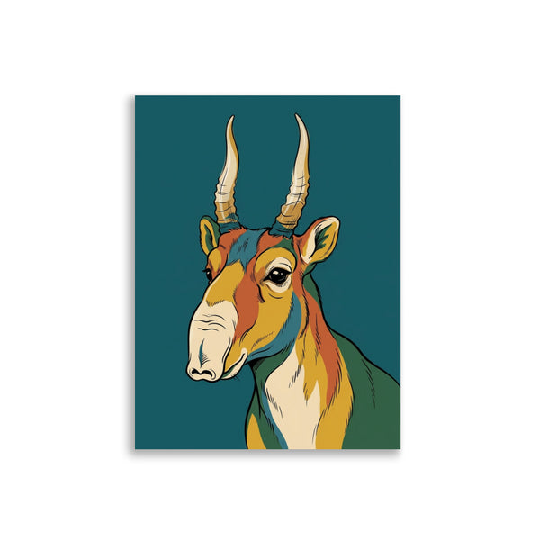 Affiche animaux sauvages minimaliste représentant un saïga en line-art contemporain, fond bleu pétrole avec aplats moutarde et terracotta, imprimée sur papier mat galerie 30×40 cm